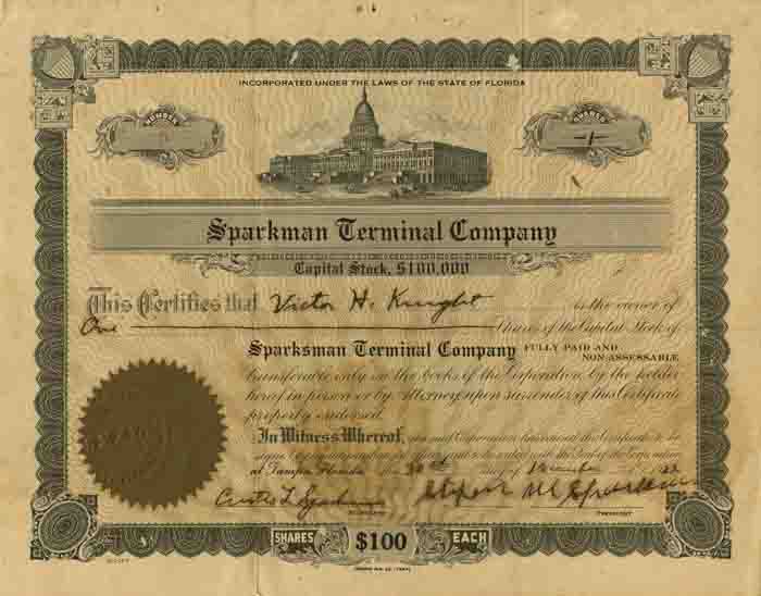 Sparksman Terminal Co. - Stock Certificate